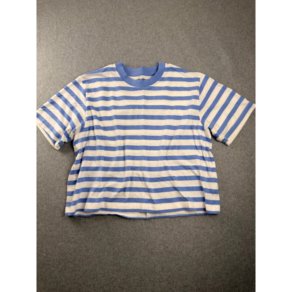 American Eagle Blue White Striped Cotton Crop T-Shirt Small